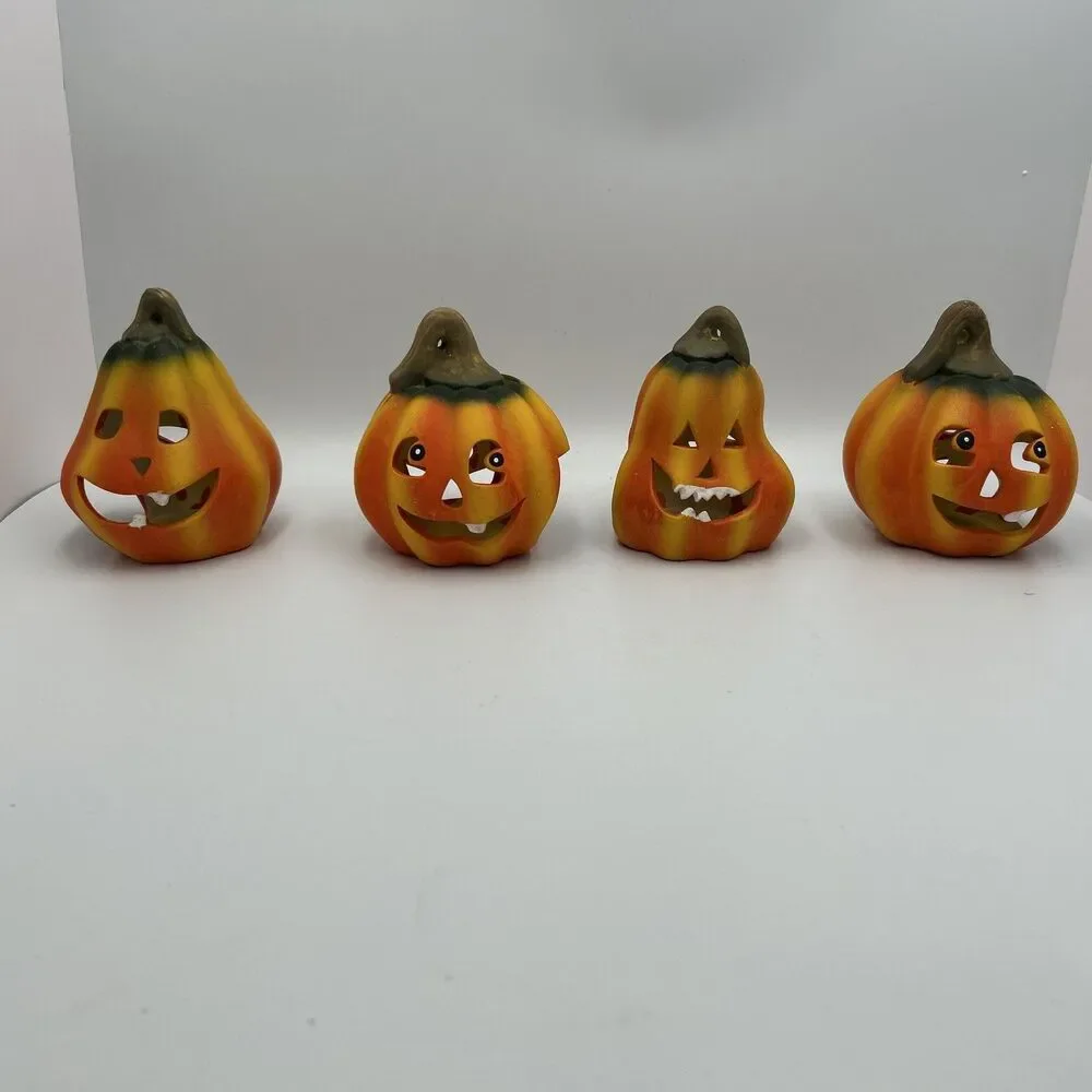 2000s Vintage Halloween Jack O Lantern Pumpkin Candle Holders Set of 4 Ceramic